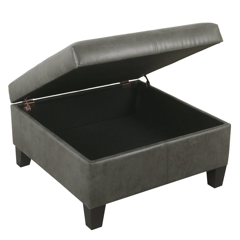 HomePop Transitional Faux Leather Storage Ottoman in Gray Finish