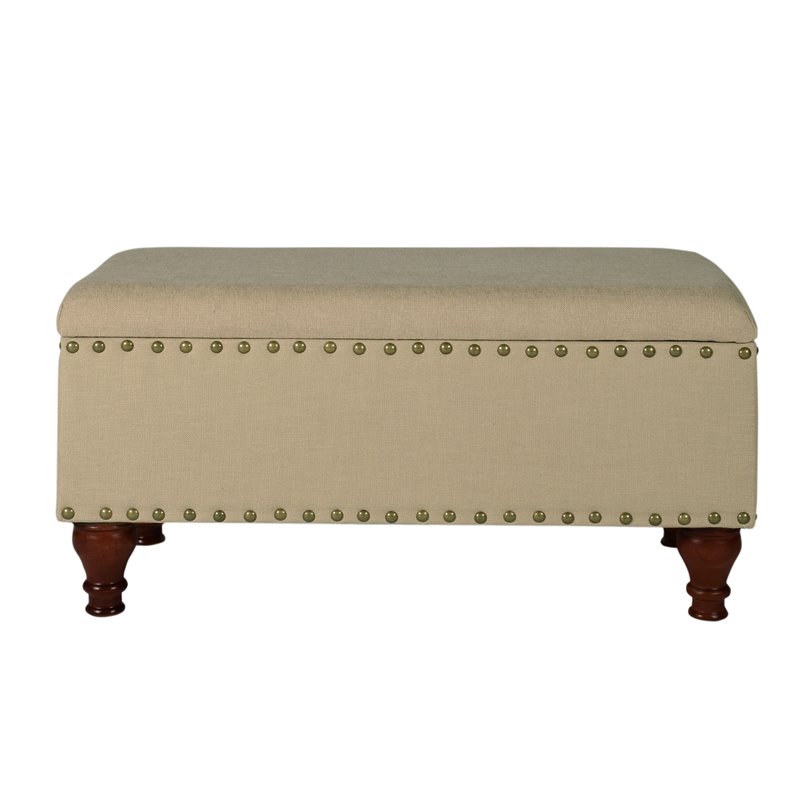 HomePop Rectangle Traditional Fabric Storage Bench with Nailhead Trim in Vanilla