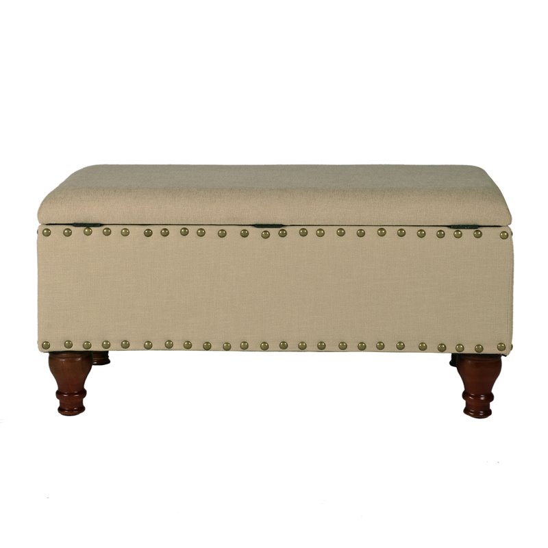 HomePop Rectangle Traditional Fabric Storage Bench with Nailhead Trim in Vanilla