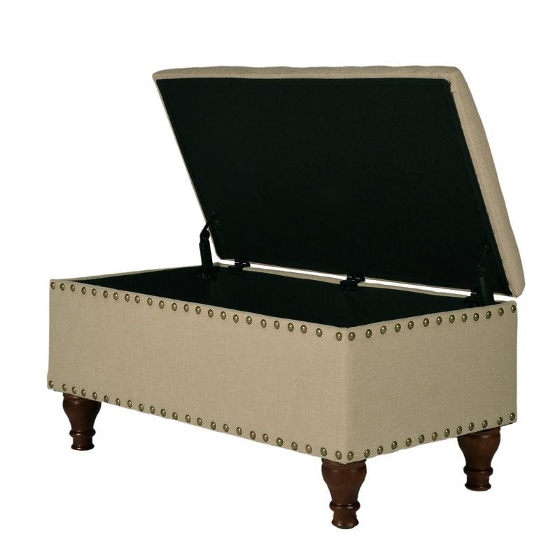 HomePop Rectangle Traditional Fabric Storage Bench with Nailhead Trim in Vanilla
