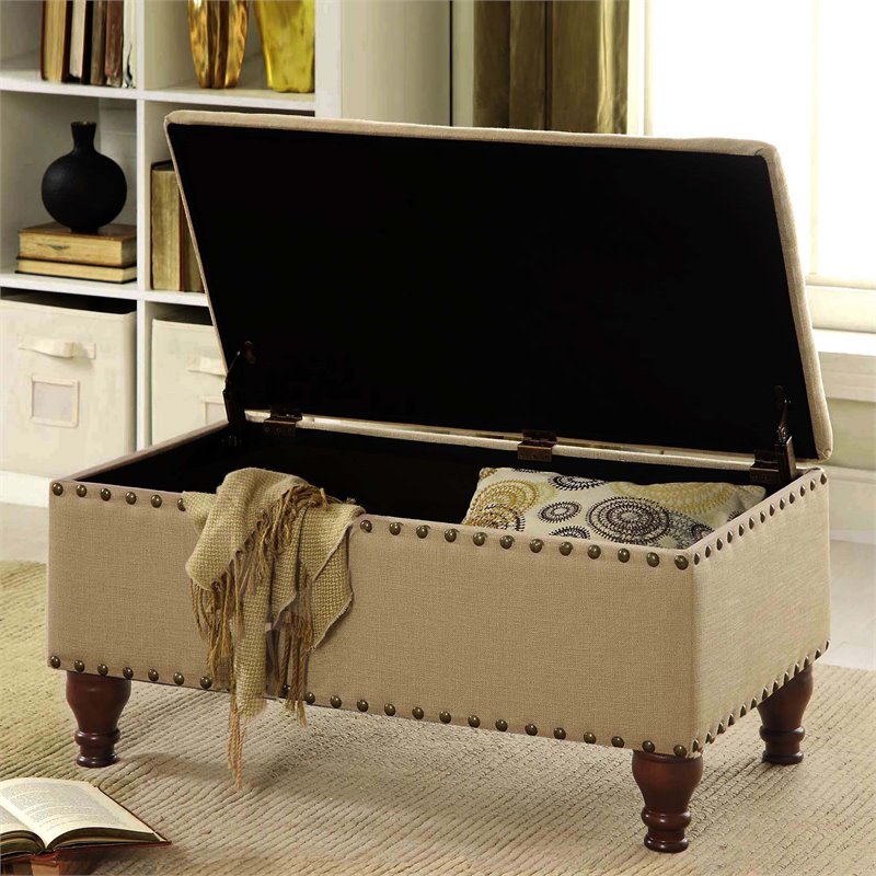 HomePop Rectangle Traditional Fabric Storage Bench with Nailhead Trim in Vanilla