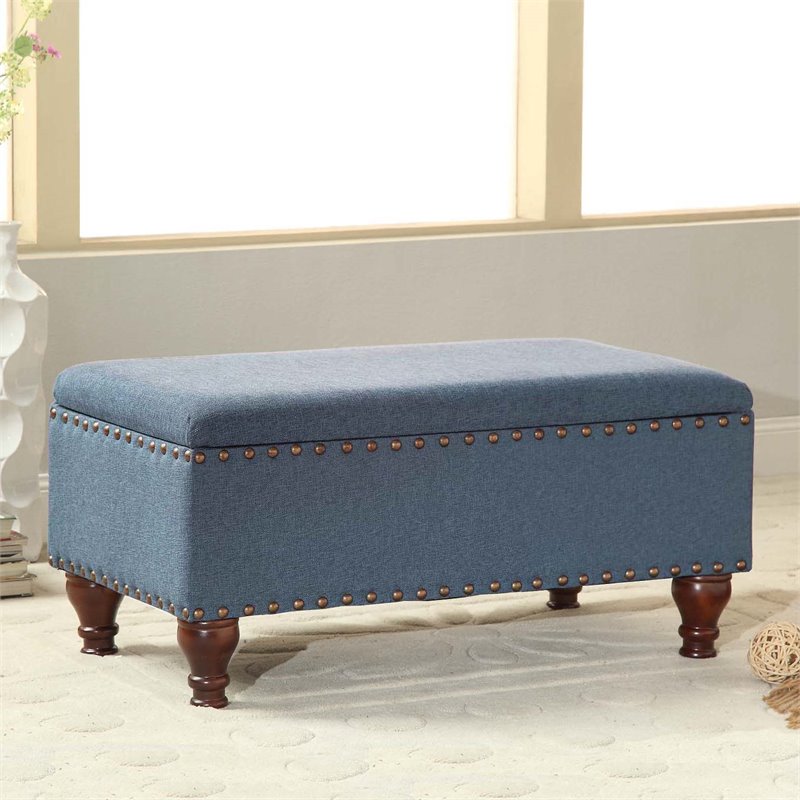 HomePop Rectangle Traditional Fabric Storage Bench with Nailhead Trim in Blue