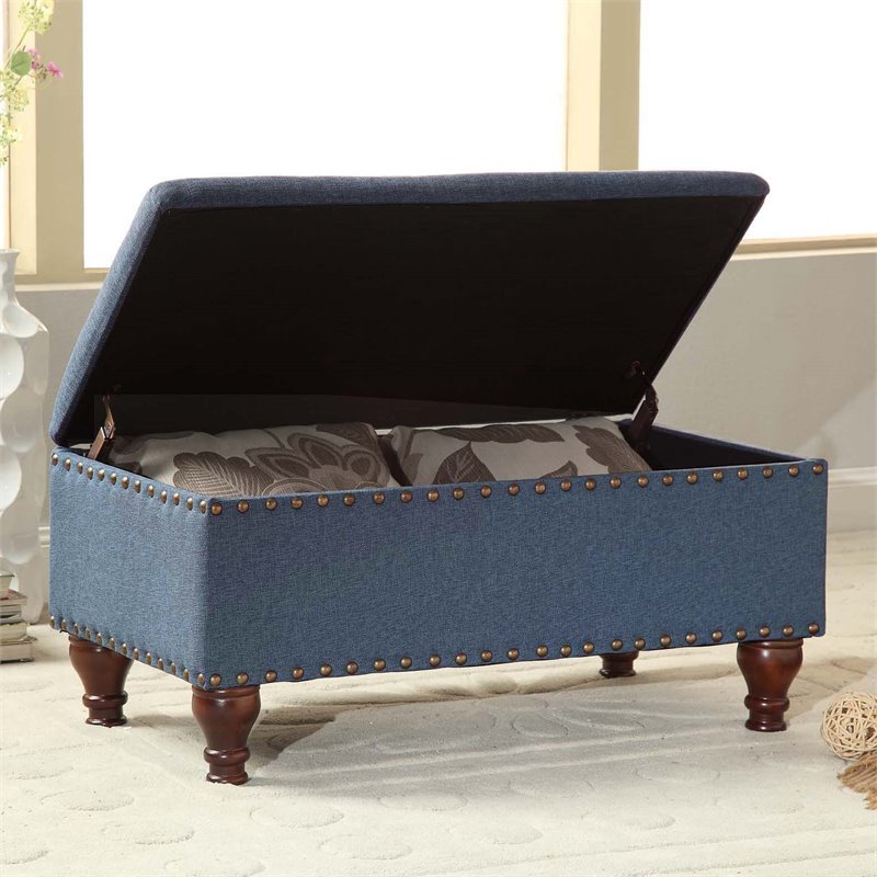 HomePop Rectangle Traditional Fabric Storage Bench with Nailhead Trim in Blue