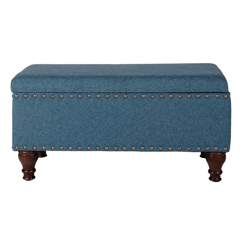 HomePop Rectangle Traditional Fabric Storage Bench with Nailhead Trim in Blue