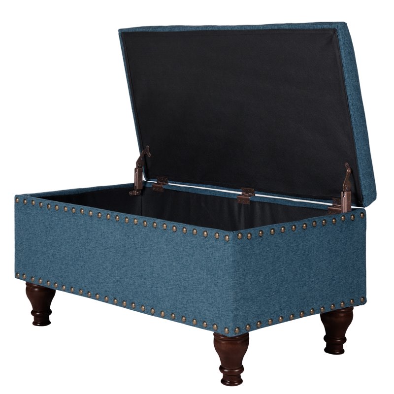 HomePop Rectangle Traditional Fabric Storage Bench with Nailhead Trim in Blue