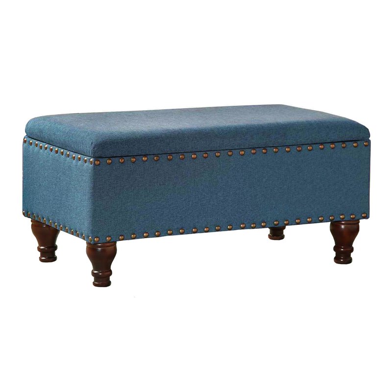 HomePop Rectangle Traditional Fabric Storage Bench with Nailhead Trim in Blue