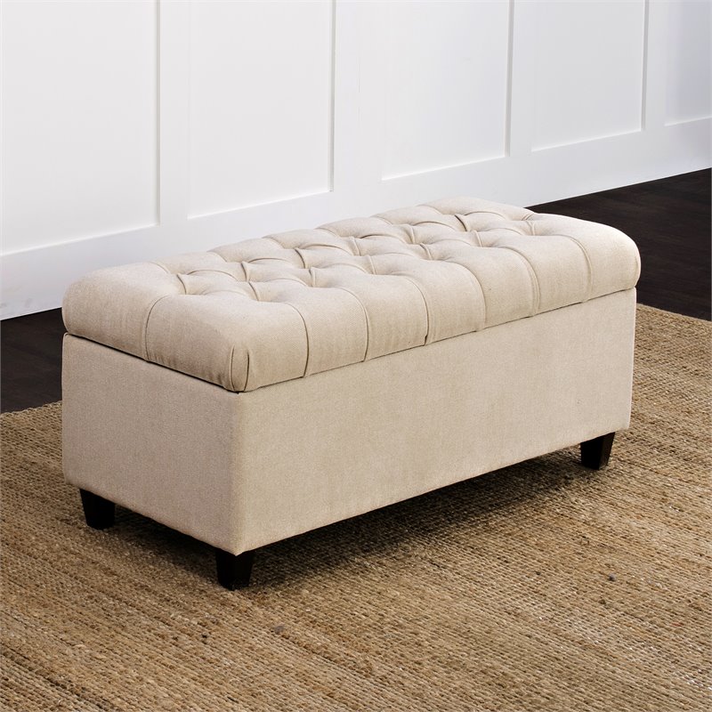 HomePop Ainsley Traditional Fabric Button Tufted Storage Bench in Cream Finish