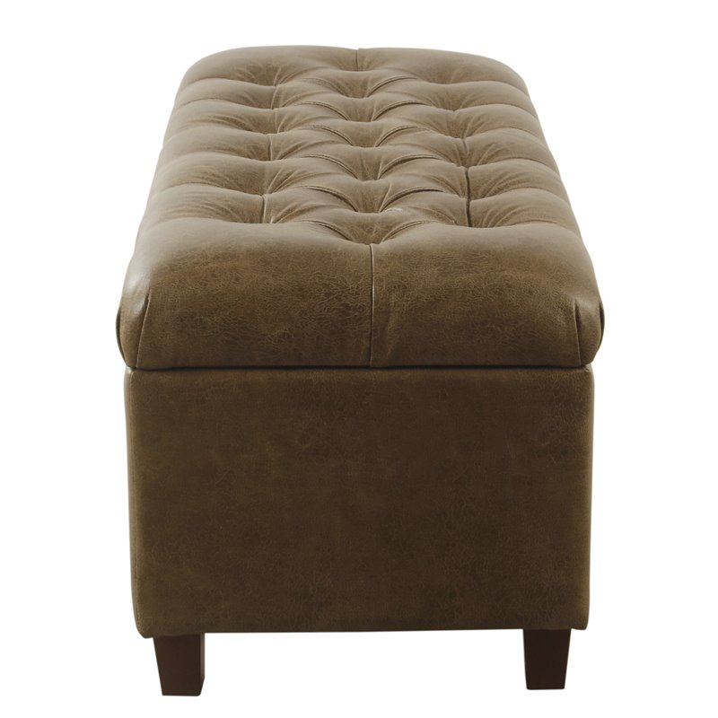 HomePop Ainsley Traditional Faux Leather Button Tufted Storage Bench in Brown