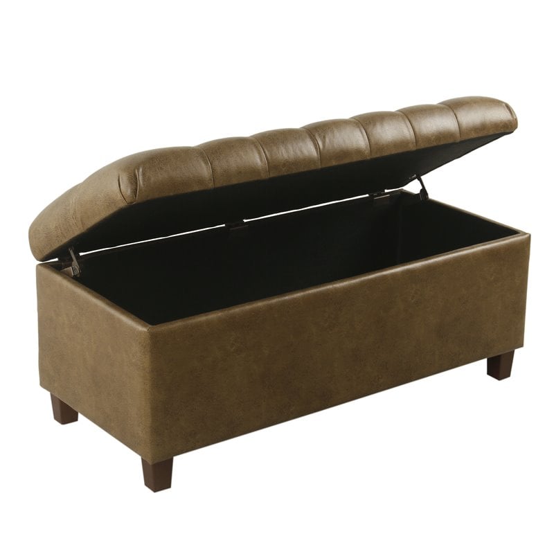 HomePop Ainsley Traditional Faux Leather Button Tufted Storage Bench in Brown