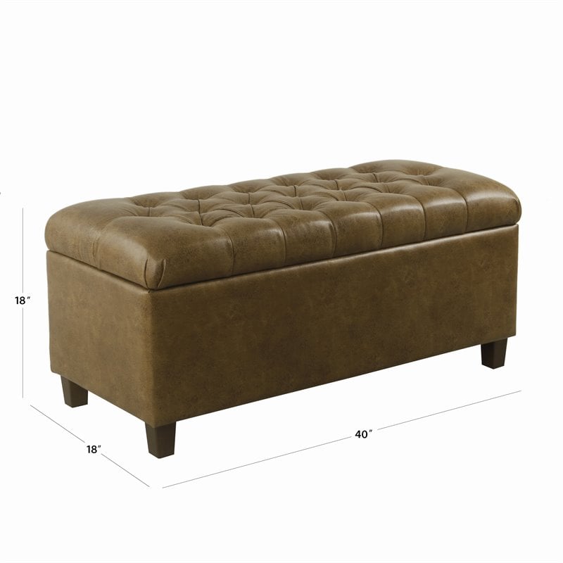 HomePop Ainsley Traditional Faux Leather Button Tufted Storage Bench in Brown