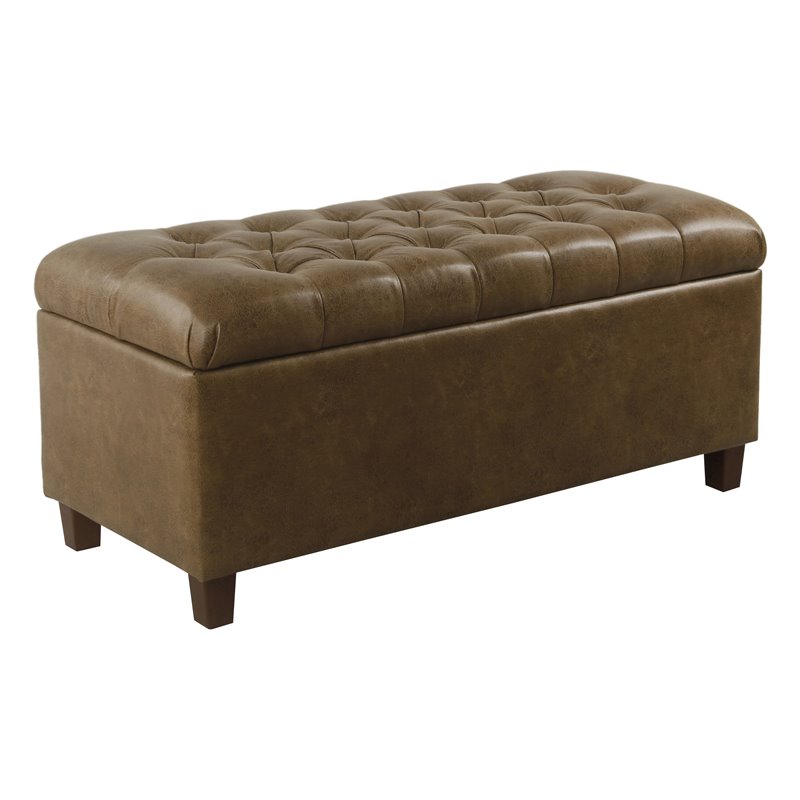 HomePop Ainsley Traditional Faux Leather Button Tufted Storage Bench in Brown