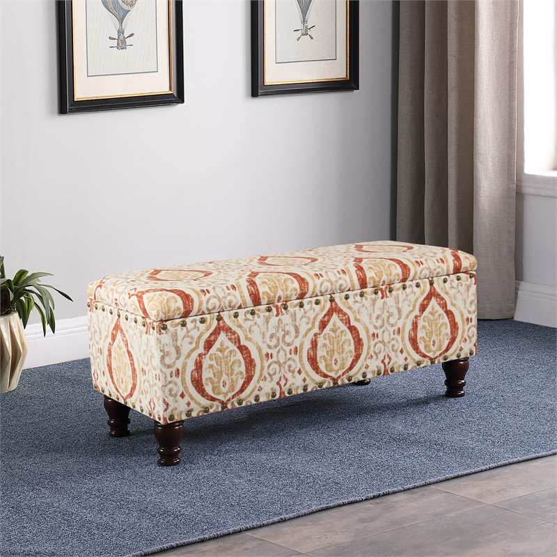 HomePop Traditional Fabric Large Storage Bench with Nailhead Trim in Cream