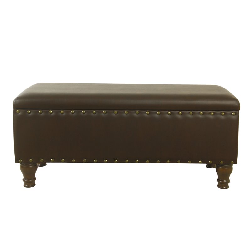 HomePop Traditional Faux Leather Large Storage Bench w/ Nailhead Trim in Brown
