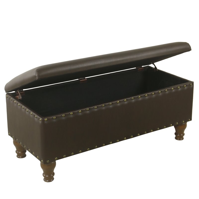 HomePop Traditional Faux Leather Large Storage Bench w/ Nailhead Trim in Brown
