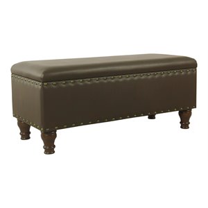 homepop traditional faux leather large storage bench w/ nailhead trim in brown