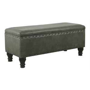 homepop traditional faux leather large storage bench with nailhead trim in gray