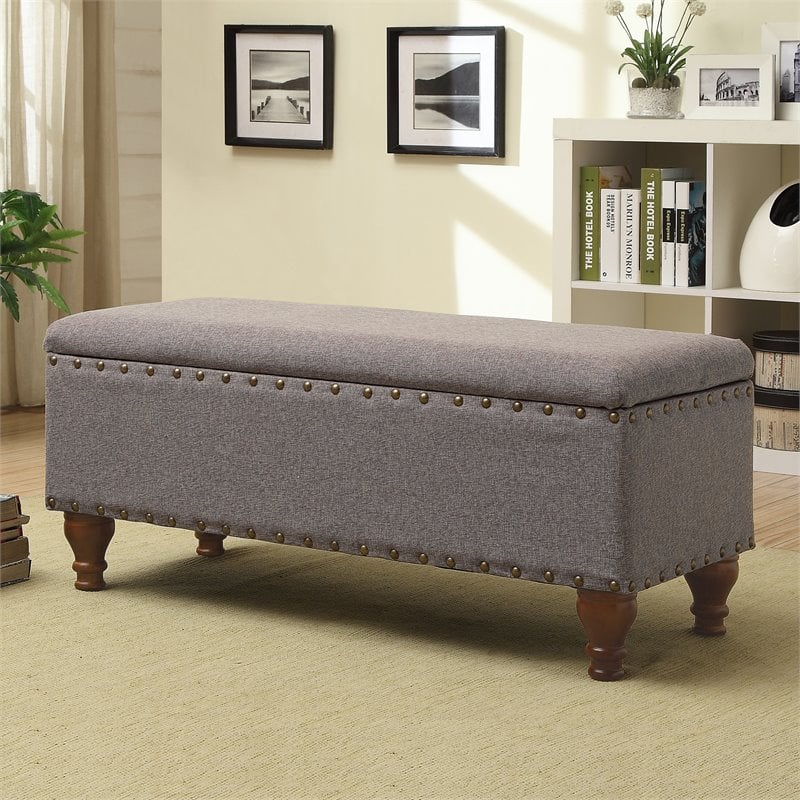 HomePop Rectangle Traditional Fabric Storage Bench with Nailhead Trim in Gray