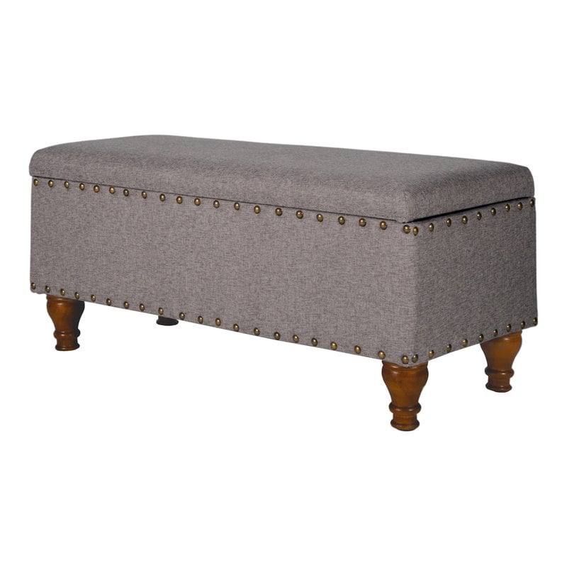 HomePop Rectangle Traditional Fabric Storage Bench with Nailhead Trim in Gray