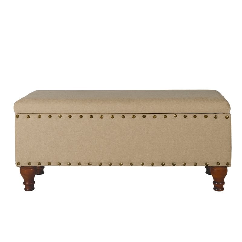 HomePop Rectangle Traditional Fabric Storage Bench with Nailhead Trim in Tan