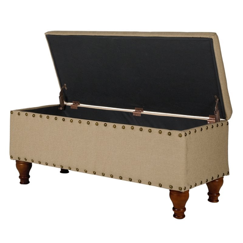 HomePop Rectangle Traditional Fabric Storage Bench with Nailhead Trim in Tan