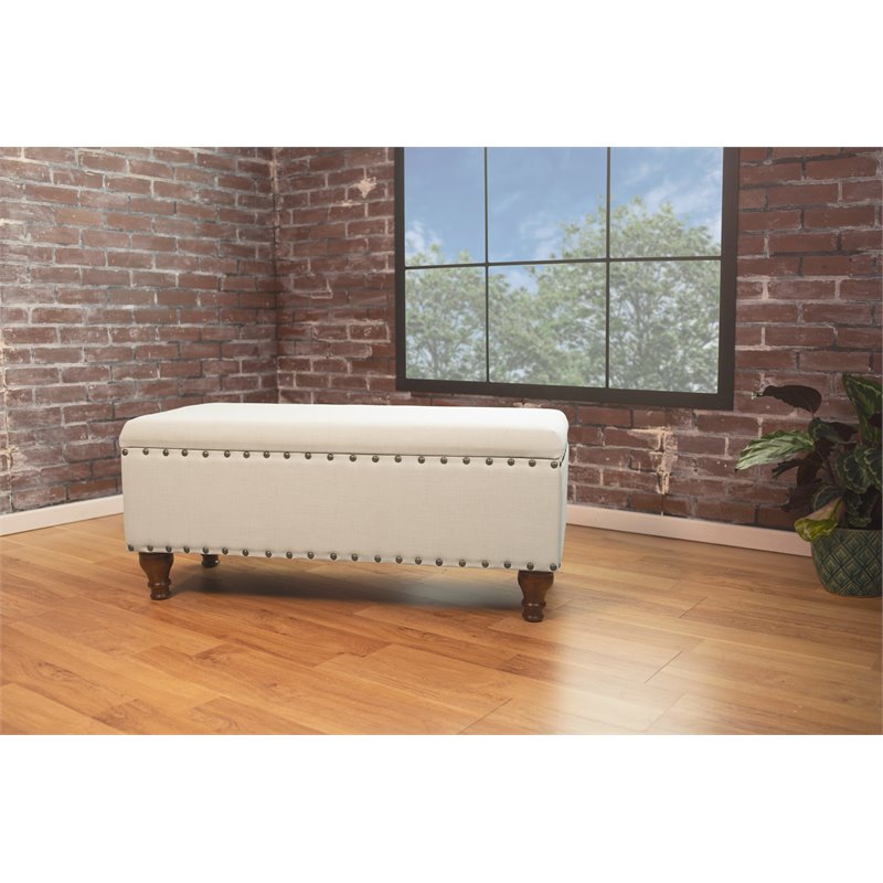 HomePop Traditional Fabric Large Storage Bench with Nailhead Trim in Cream/Brown