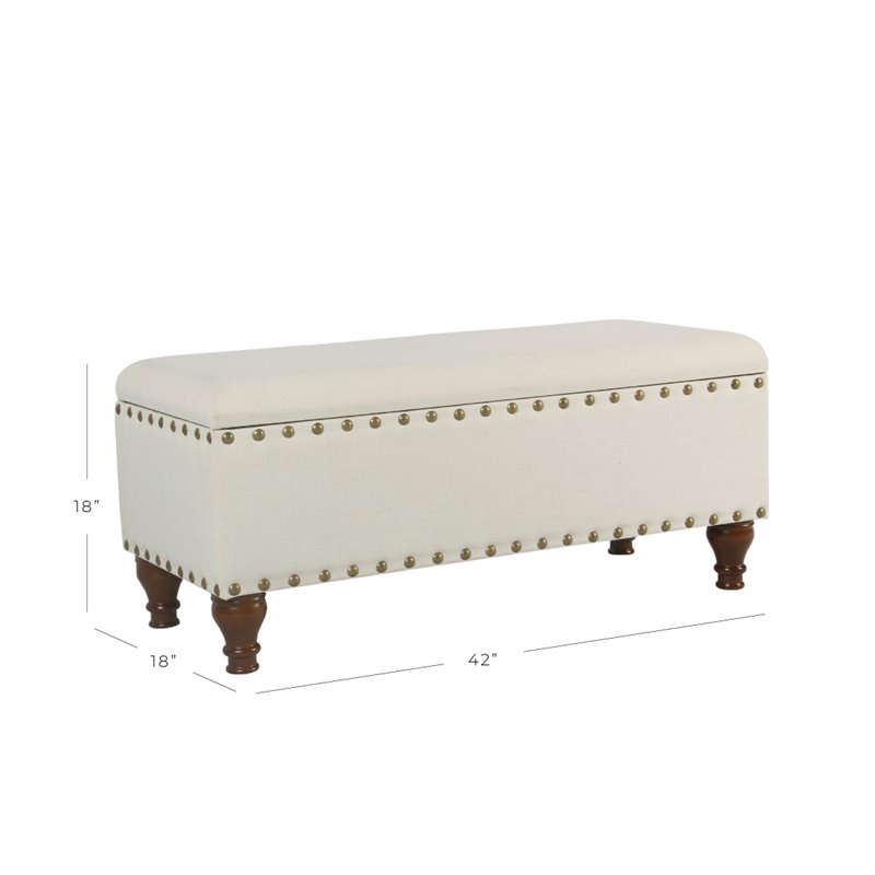 HomePop Traditional Fabric Large Storage Bench with Nailhead Trim in Cream/Brown