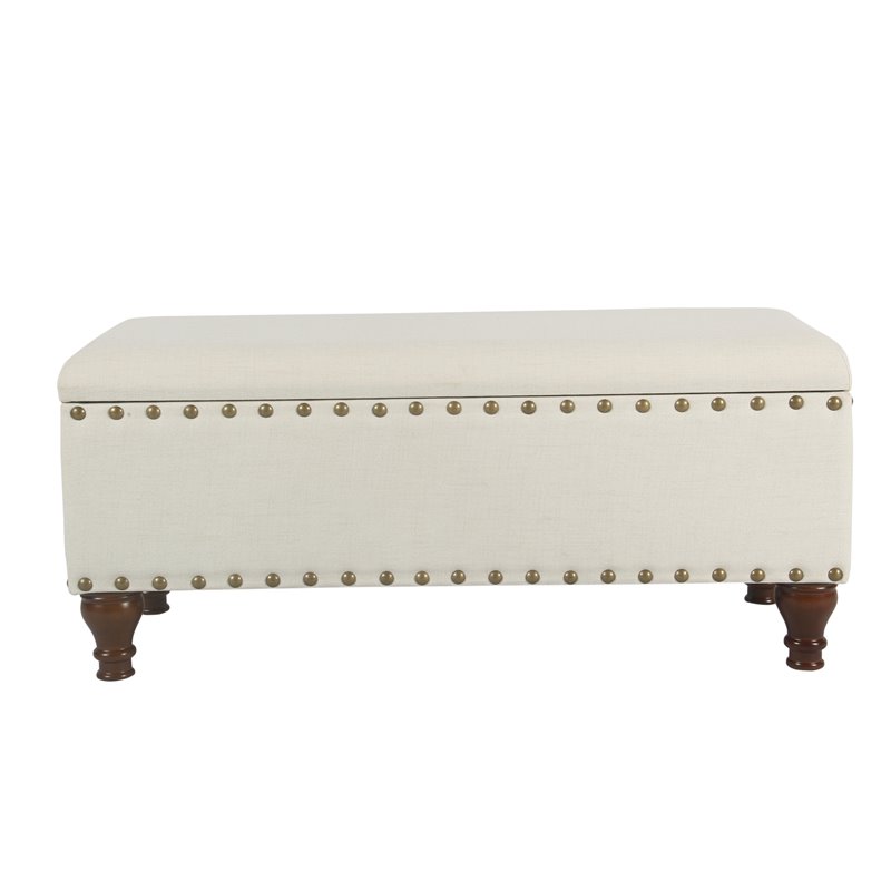 HomePop Traditional Fabric Large Storage Bench with Nailhead Trim in Cream/Brown