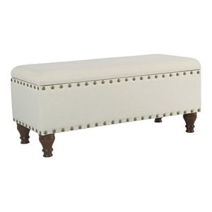 HomePop Traditional Fabric Large Storage Bench with Nailhead Trim in Cream/Brown