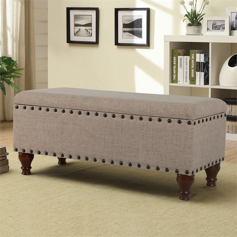 HomePop Traditional Fabric Large Storage Bench with Nailhead Trim in Tan
