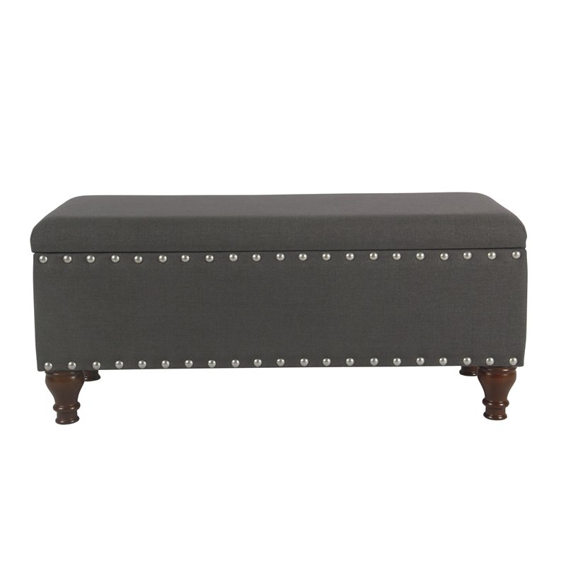 HomePop Traditional Fabric Large Storage Bench with Nailhead Trim in Charcoal