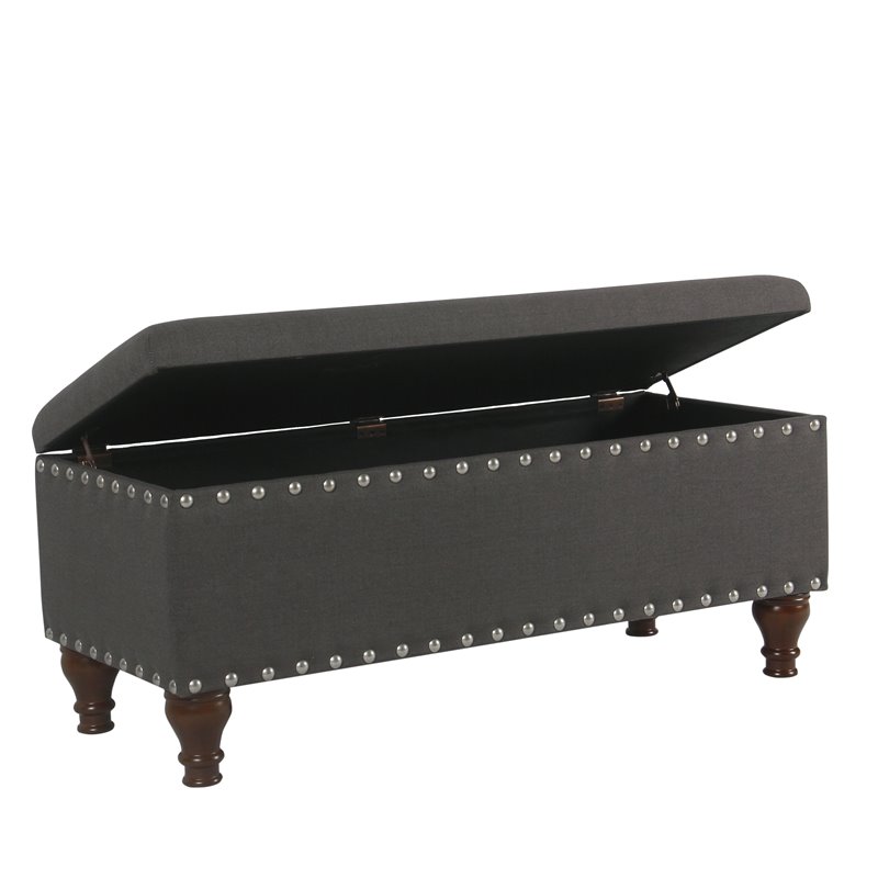 HomePop Traditional Fabric Large Storage Bench with Nailhead Trim in Charcoal