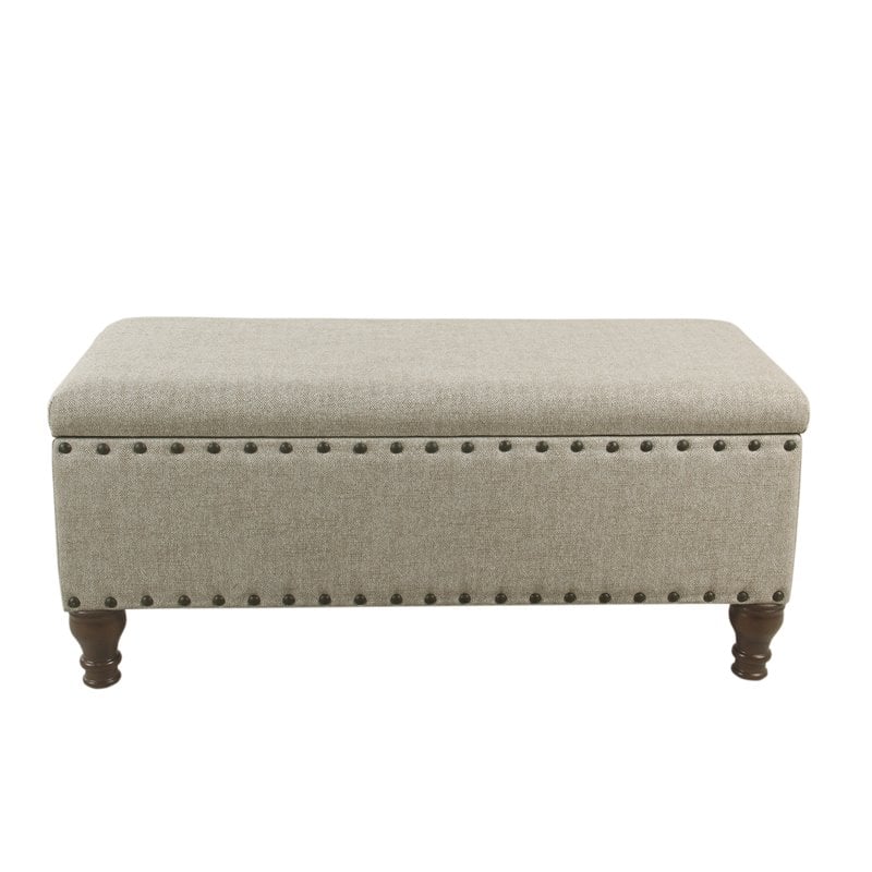 HomePop Traditional Fabric Large Storage Bench with Nailhead Trim in Cream/Taupe