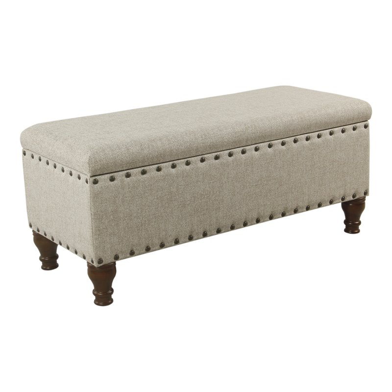 HomePop Traditional Fabric Large Storage Bench with Nailhead Trim in Cream/Taupe