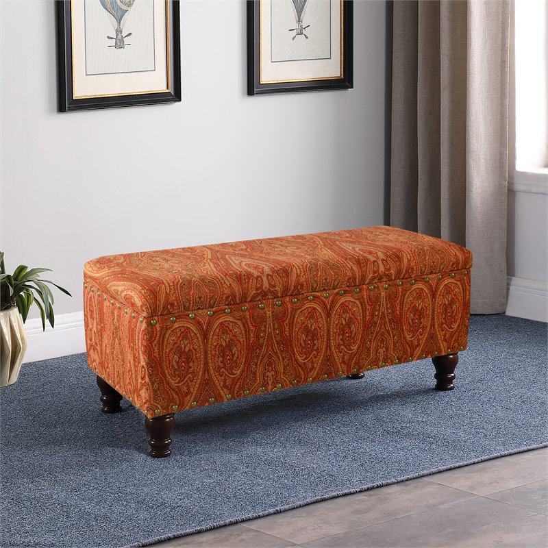 HomePop Traditional Fabric Large Storage Bench with Nailhead Trim in Red/Gold