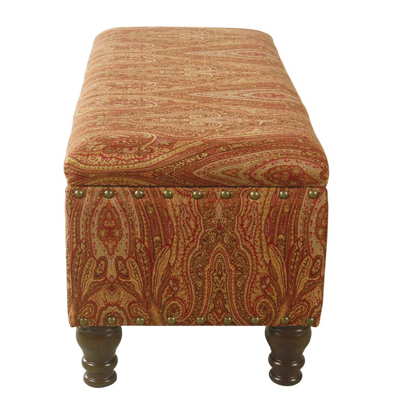 HomePop Traditional Fabric Large Storage Bench with Nailhead Trim in Red/Gold