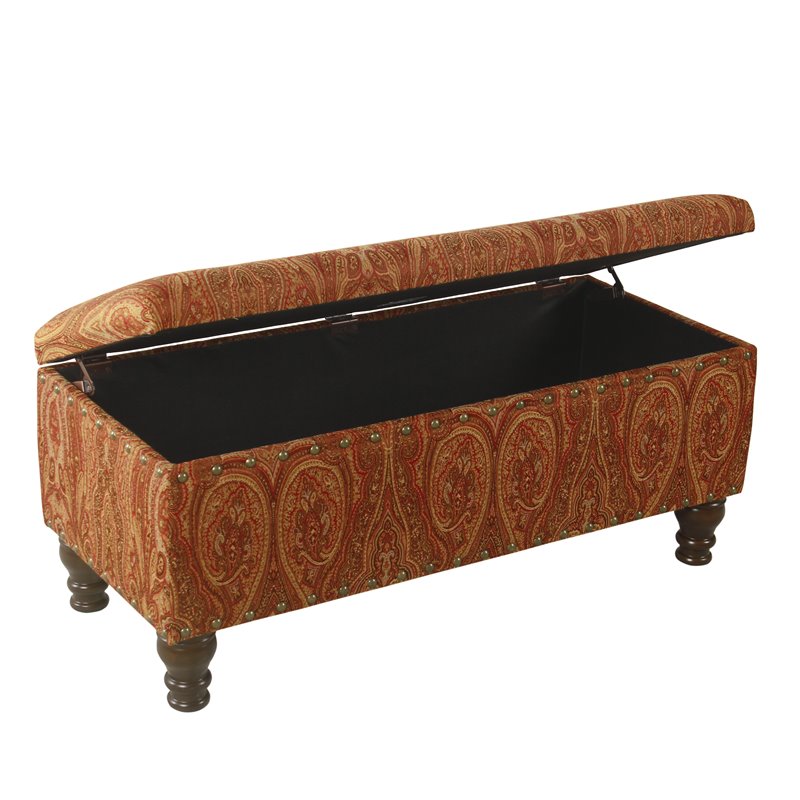 HomePop Traditional Fabric Large Storage Bench with Nailhead Trim in Red/Gold