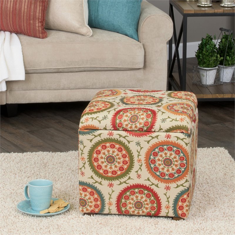 HomePop Transitional Fabric Storage Ottoman in Orange and Green
