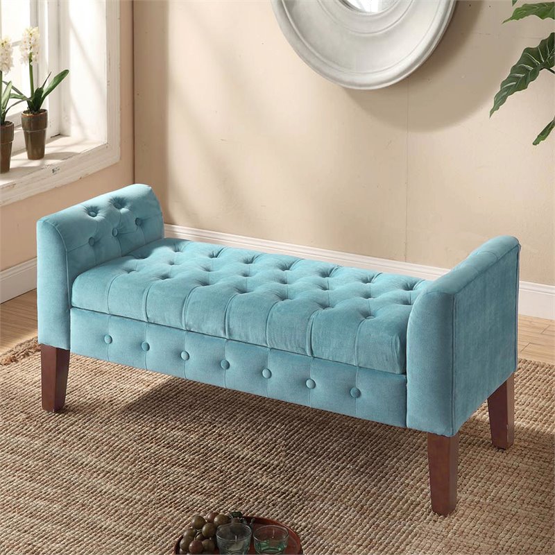 HomePop Traditional Velvet Tufted Storage Bench and Settee in Blue