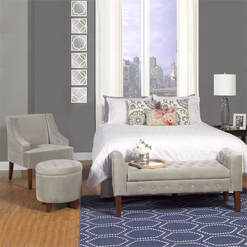 HomePop Traditional Velvet Tufted Storage Bench and Settee in Gray