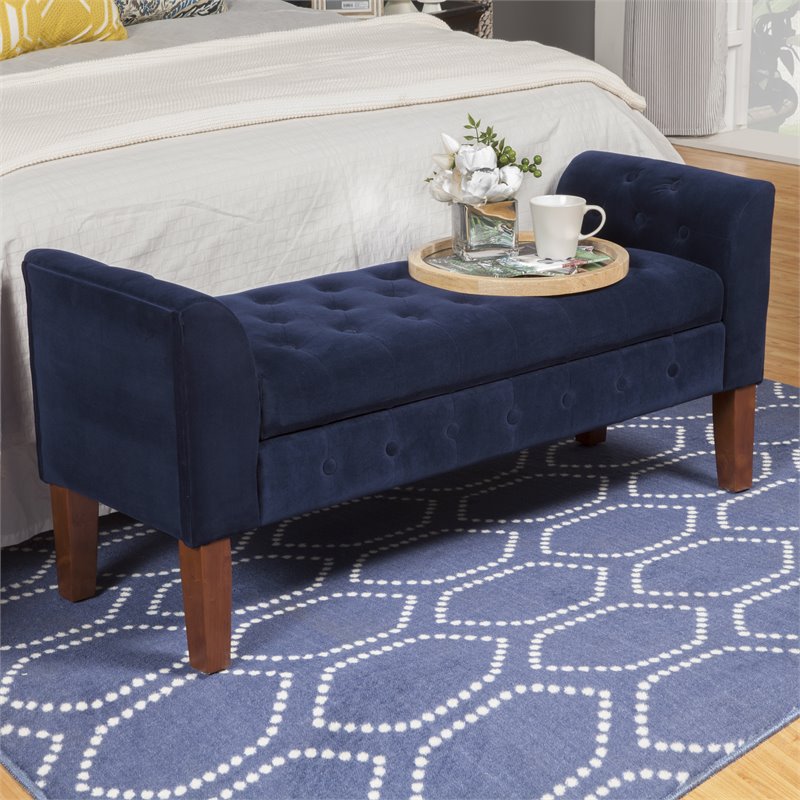 HomePop Traditional Velvet Fabric Storage Bench and Settee in Blue