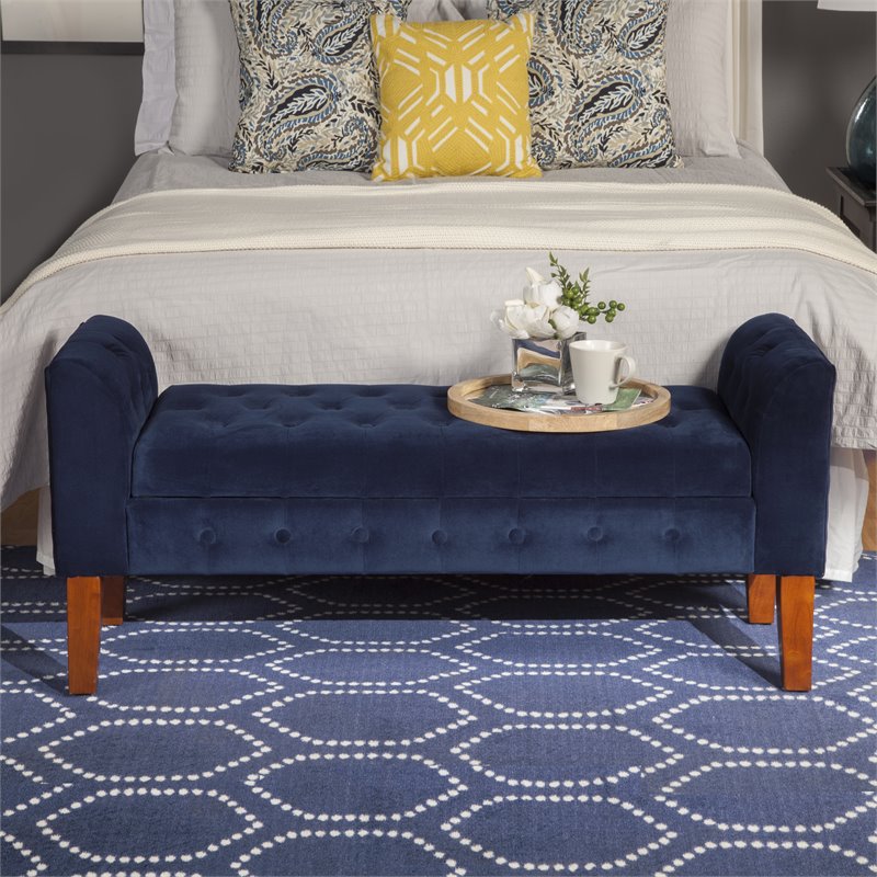 HomePop Traditional Velvet Fabric Storage Bench and Settee in Blue