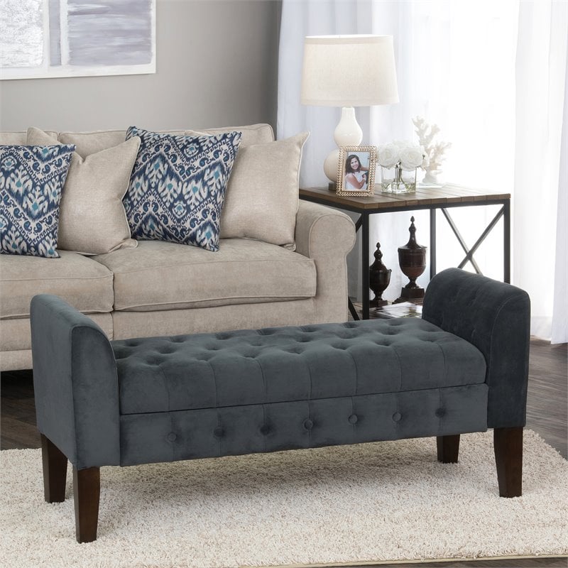 HomePop Traditional Velvet Fabric Storage Bench and Settee in Gray