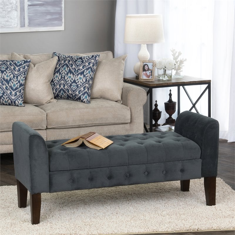 HomePop Traditional Velvet Fabric Storage Bench and Settee in Gray