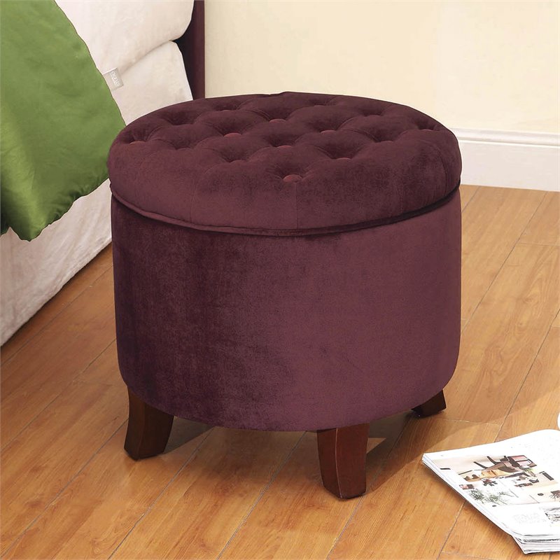 HomePop Round Transitional Wood and Velvet Ottoman with Storage in Red