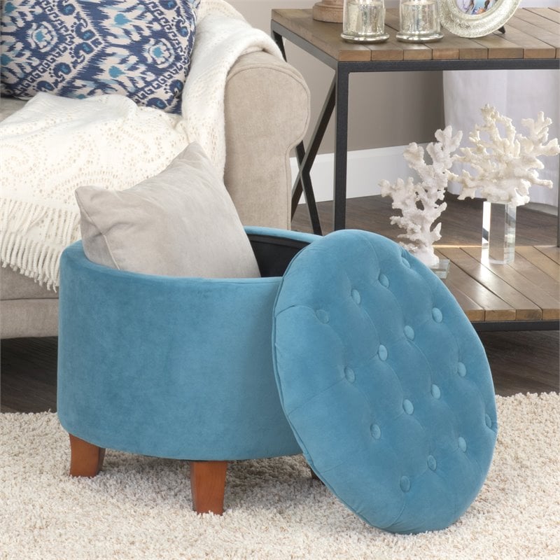 HomePop Round Transitional Wood and Velvet Ottoman with Storage in Blue