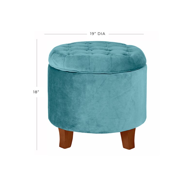 HomePop Round Transitional Wood and Velvet Ottoman with Storage in Blue