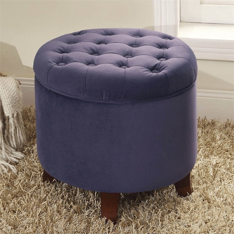 HomePop Round Transitional Wood and Velvet Ottoman with Storage in Purple