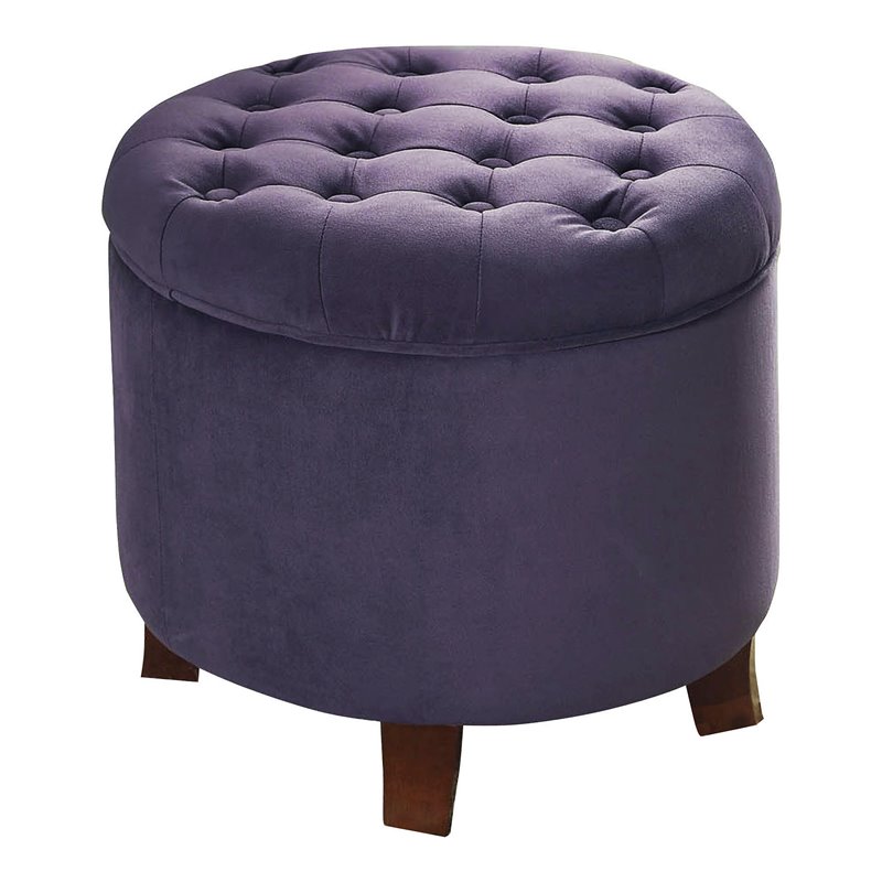 HomePop Round Transitional Wood and Velvet Ottoman with Storage in Purple
