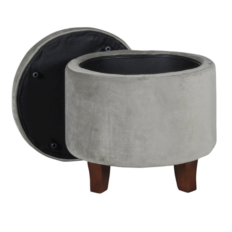 HomePop Round Transitional Wood and Velvet Ottoman with Storage in Gray