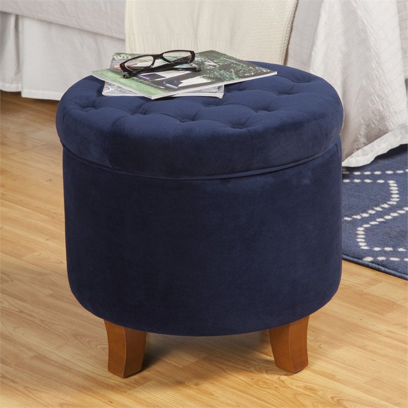 HomePop Round Transitional Wood and Velvet Ottoman with Storage in Dark Blue